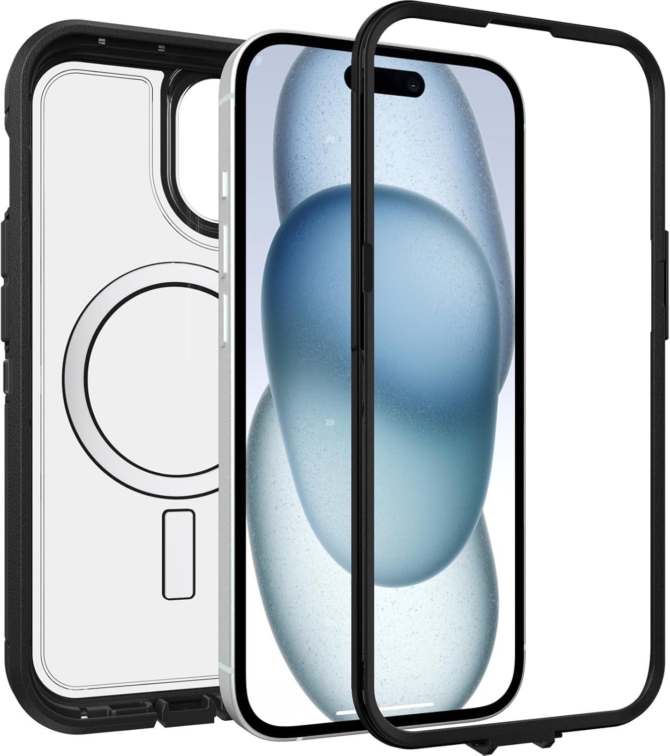 imageOtterBox iPhone 16e 15 14 ampamp 13 Defender Series XT Clear Case DARK SIDE BlackClear screenless rugged snaps to MagSafe lanyard attachment ships in polybag