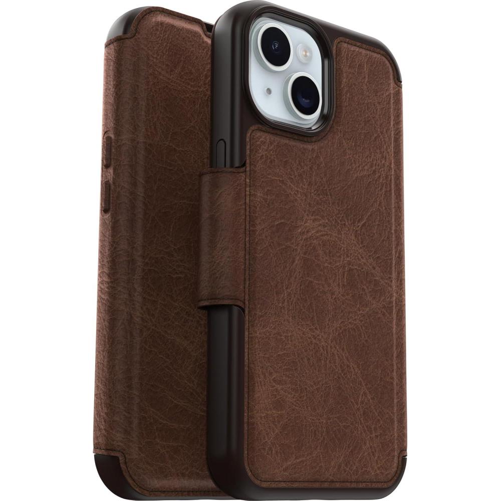 imageOtterBox iPhone 15 Only Strada Folio Series Case  Espresso Brown Card Holder Snaps to MagSafe Genuine Leather PocketFriendly Folio caseBrown