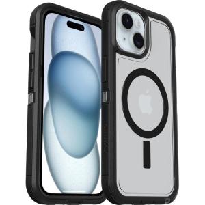 OtterBox iPhone 16e, 15, 14, & 13 Defender Series XT Clear Case – DARK SIDE (Black/Clear), screenless, rugged , snaps to MagSafe, lanyard attachment (ships in polybag)