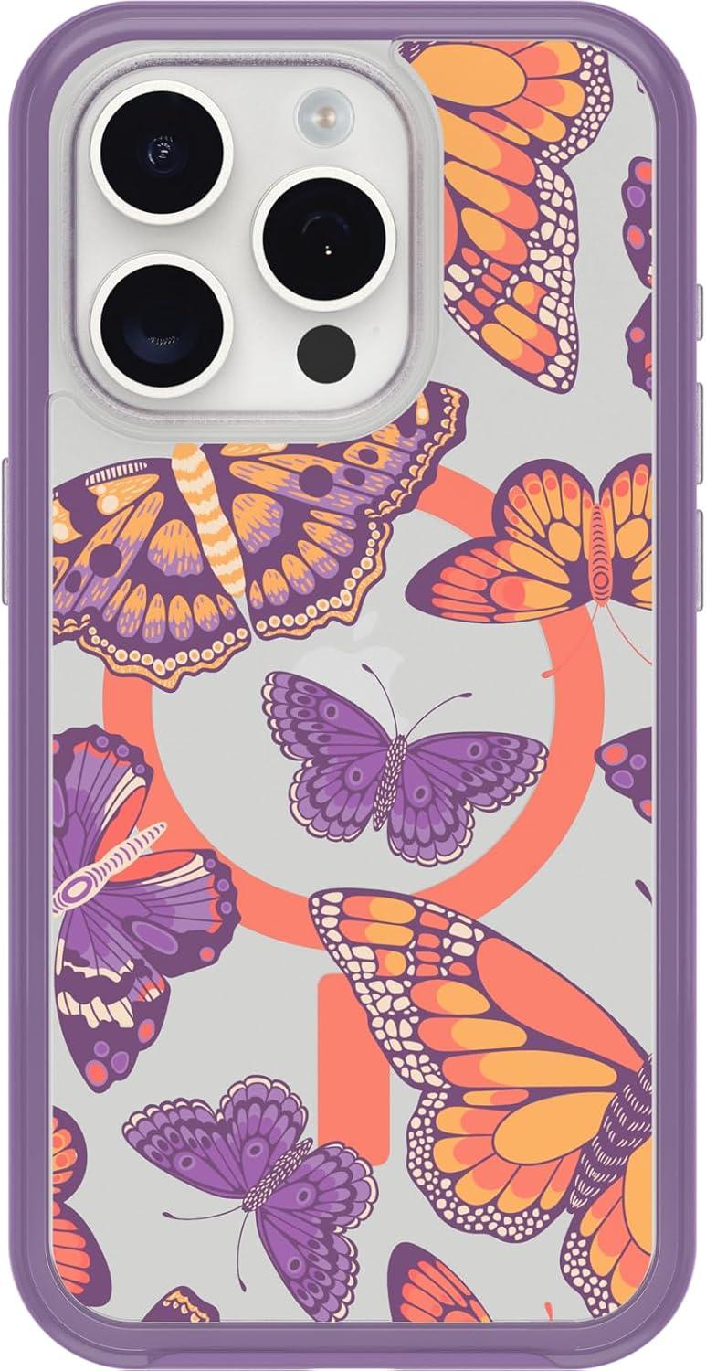 imageOtterBox iPhone 15 Pro Only Symmetry Series Clear Case BUTTERFLY FLUTTER Purple snaps to MagSafe ultrasleek raised edges protect camera ampamp screen