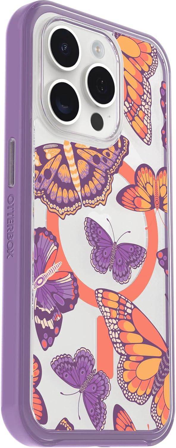 imageOtterBox iPhone 15 Pro Only Symmetry Series Clear Case BUTTERFLY FLUTTER Purple snaps to MagSafe ultrasleek raised edges protect camera ampamp screen