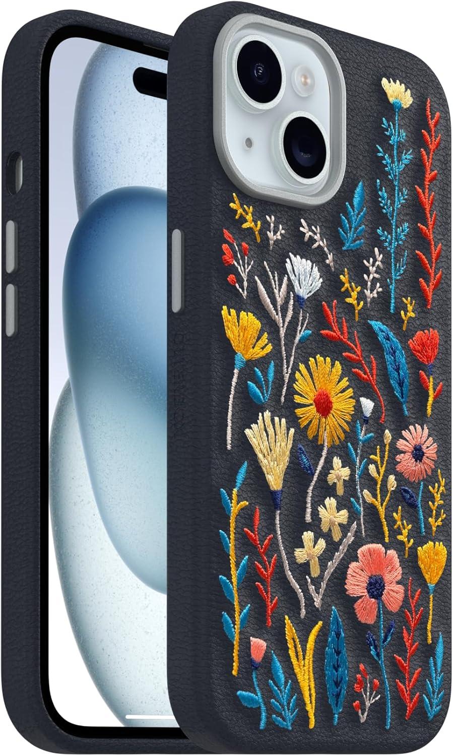 imageOtterBox iPhone 15 Symmetry Series Cactus Leather Embroidery for MagSafe Enchanted Garden Blue