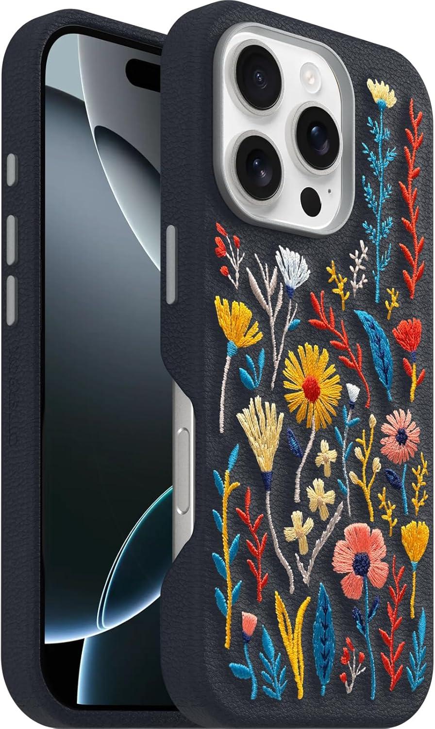 imageOtterBox iPhone 16 Pro Symmetry Series Cactus Leather Embroidery for MagSafe Enchanted Garden Blue
