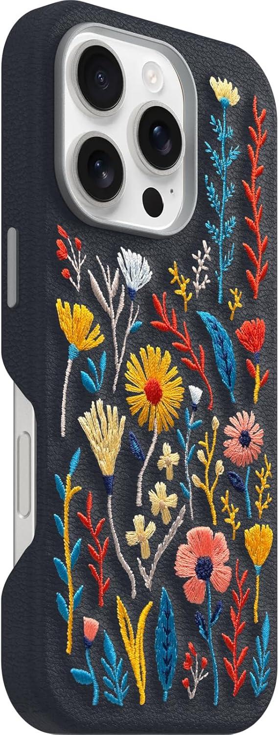 imageOtterBox iPhone 16 Pro Symmetry Series Cactus Leather Embroidery for MagSafe Enchanted Garden Blue
