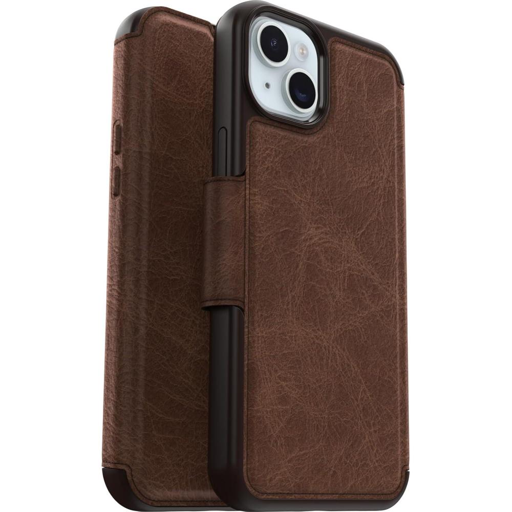 imageOtterBox iPhone 15 Plus and iPhone 14 Plus Strada Folio Series Case  Shadow Black Card Holder Snaps to MagSafe Genuine Leather PocketFriendly Folio caseBrown