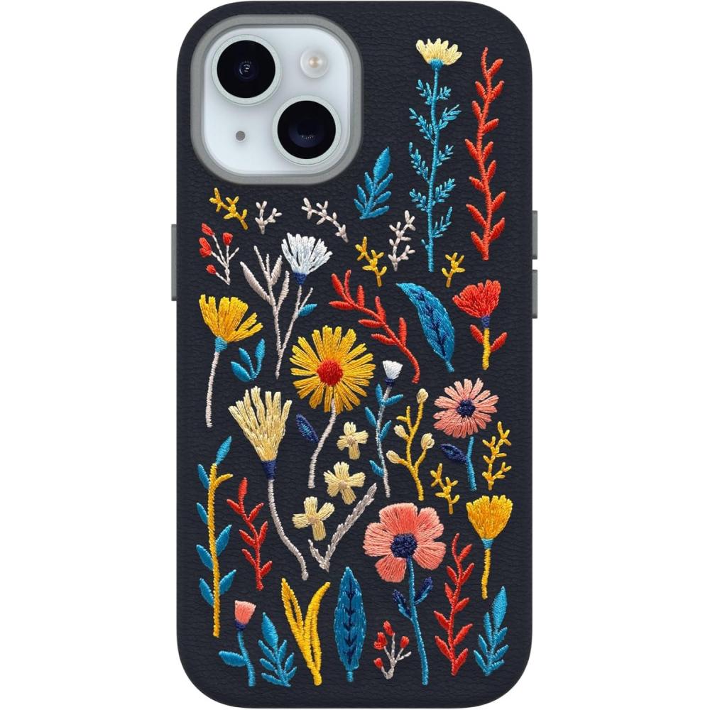 imageOtterBox iPhone 15 Symmetry Series Cactus Leather Embroidery for MagSafe Enchanted Garden Blue