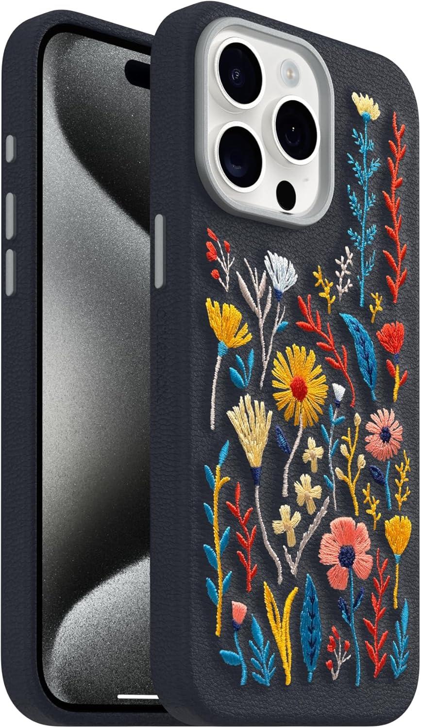 imageOtterBox iPhone 15 Pro Max Symmetry Series Cactus Leather Embroidery for MagSafe Enchanted Garden Blue