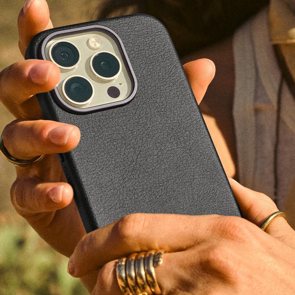 imageOtterBox iPhone 15 Pro Max Symmetry Series Cactus Leather for MagSafe Noir ASH Black Snaps to MagSafe UltraSleek Raised Edges Protect Camera ampamp ScreenBlack