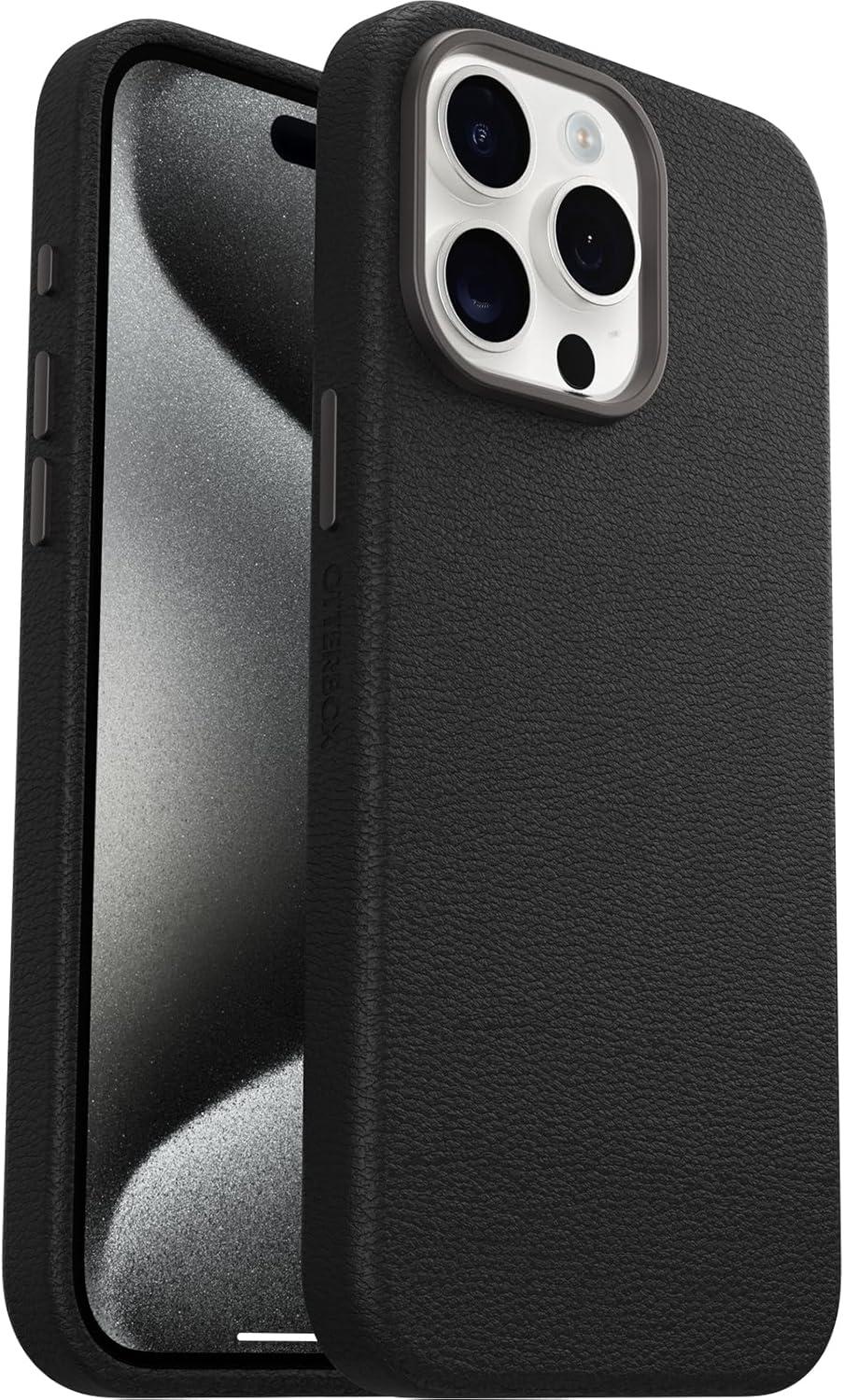 imageOtterBox iPhone 15 Pro Max Symmetry Series Cactus Leather for MagSafe Noir ASH Black Snaps to MagSafe UltraSleek Raised Edges Protect Camera ampamp ScreenBlack