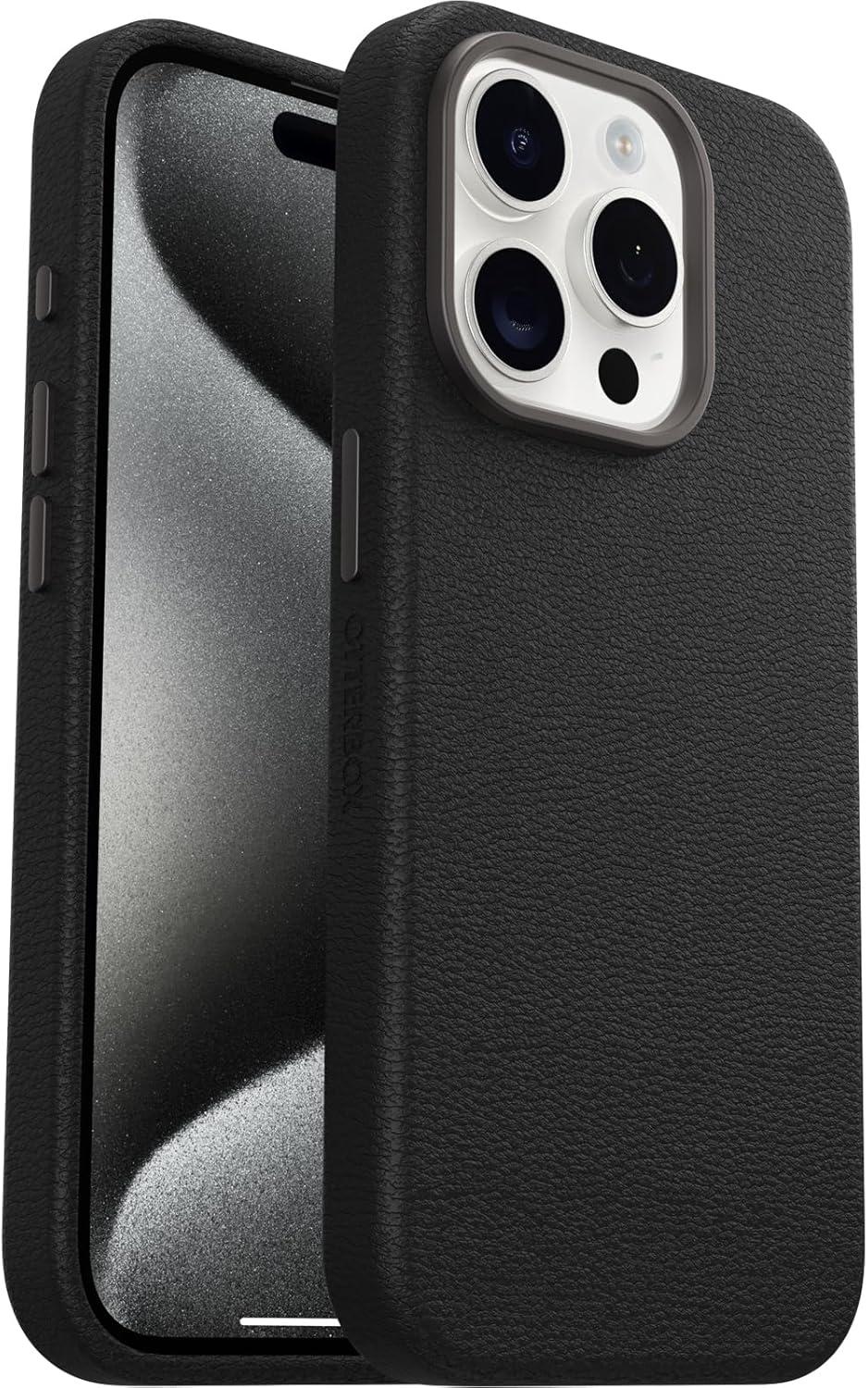 imageOtterBox iPhone 15 Pro Max Symmetry Series Cactus Leather for MagSafe Noir ASH Black Snaps to MagSafe UltraSleek Raised Edges Protect Camera ampamp ScreenBlack