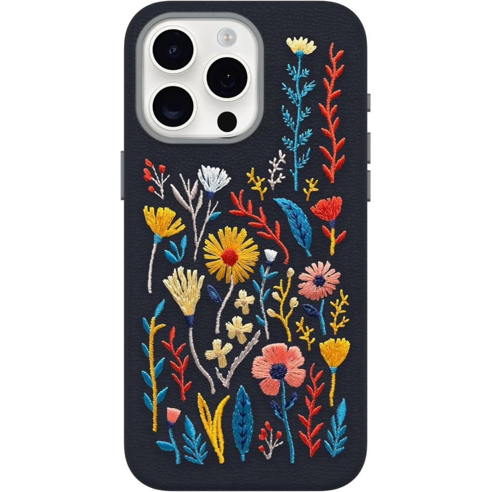 imageOtterBox iPhone 15 Pro Max Symmetry Series Cactus Leather Embroidery for MagSafe  Enchanted Garden Blue