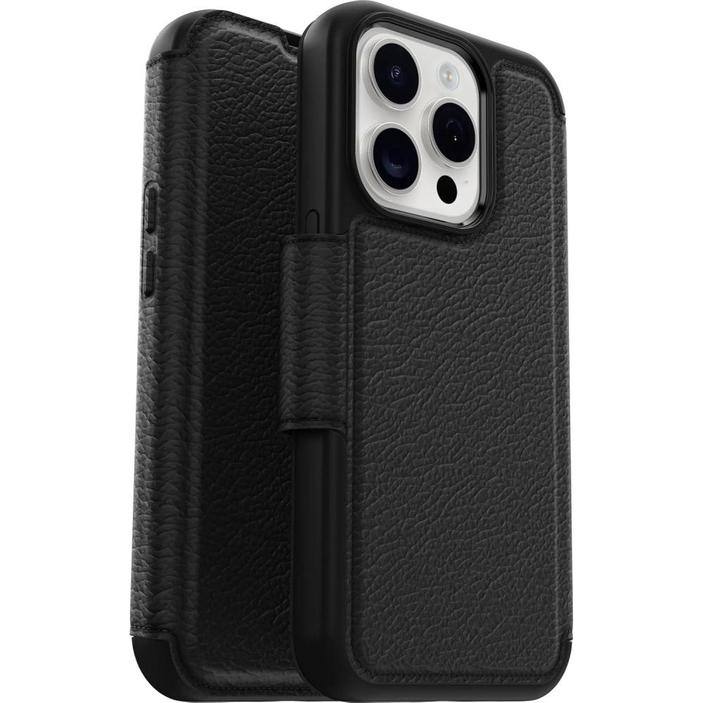 imageOtterBox iPhone 15 Pro Only Strada Folio Series Case SHADOW Black card holder snaps to MagSafe genuine leather pocketfriendly folio case ships in polybag ideal for business customers