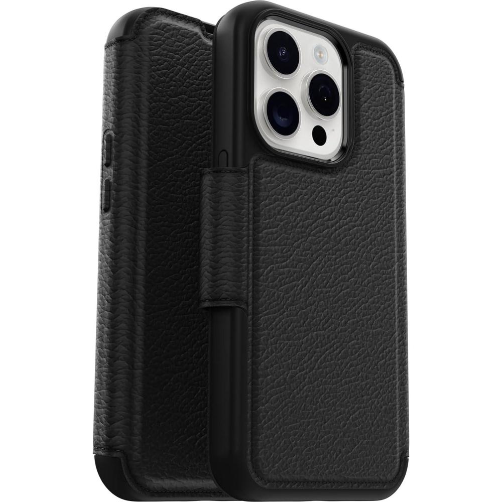 imageOtterBox iPhone 15 Pro Only Strada Folio Series Case  Shadow Black Card Holder Snaps to MagSafe Genuine Leather PocketFriendly Folio caseBlack