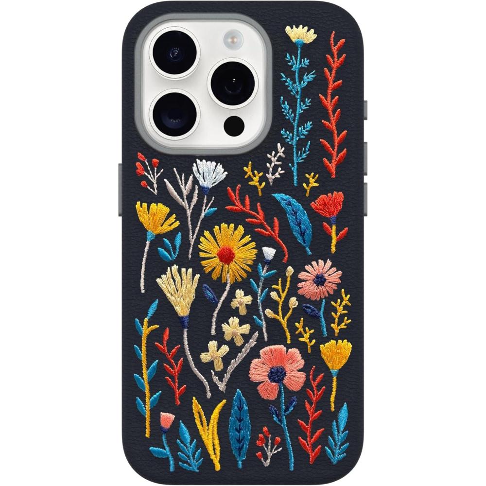 imageOtterBox iPhone 15 Pro Symmetry Series Cactus Leather Embroidery for MagSafe Enchanted Garden Blue