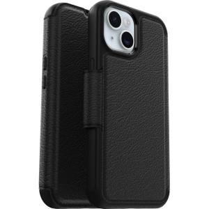 OtterBox iPhone 15 (Only) Strada Folio Series Case – Shadow (Black), Card Holder, Snaps to MagSafe, Genuine Leather, Pocket-Friendly, Folio case (Ships in polybag)