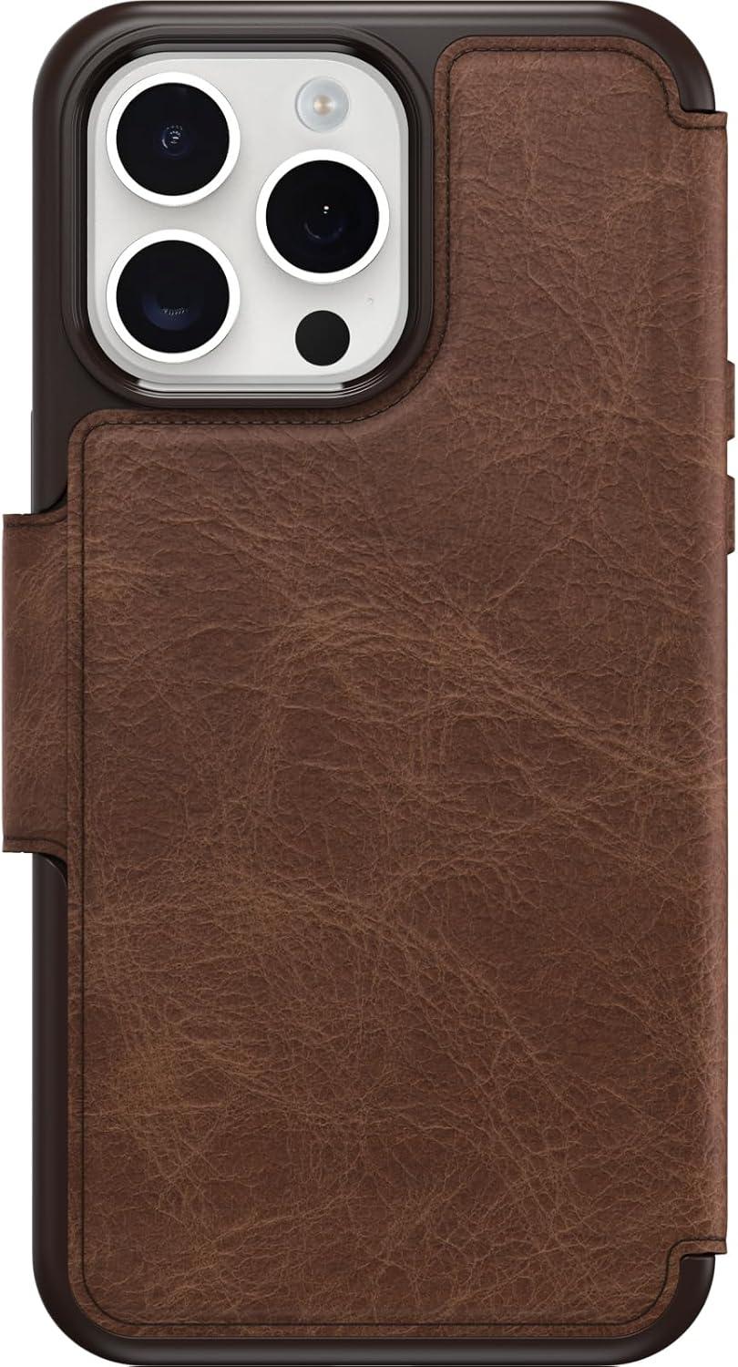 imageOtterBox iPhone 15 Pro MAX Only Strada Folio Series Case Espresso Brown Card Holder Snaps to MagSafe Genuine Leather PocketFriendly Folio case