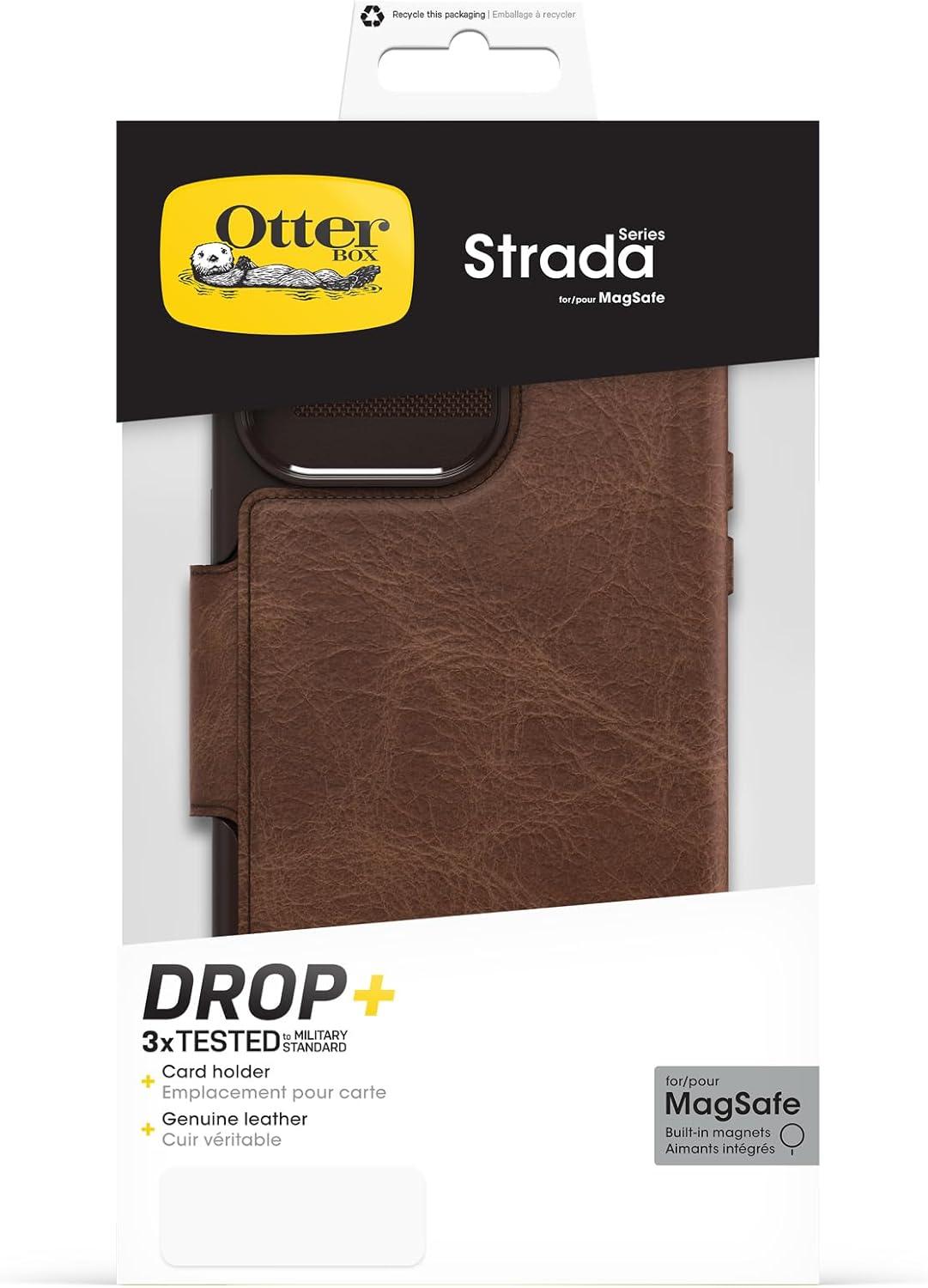 imageOtterBox iPhone 15 Pro MAX Only Strada Folio Series Case Espresso Brown Card Holder Snaps to MagSafe Genuine Leather PocketFriendly Folio case