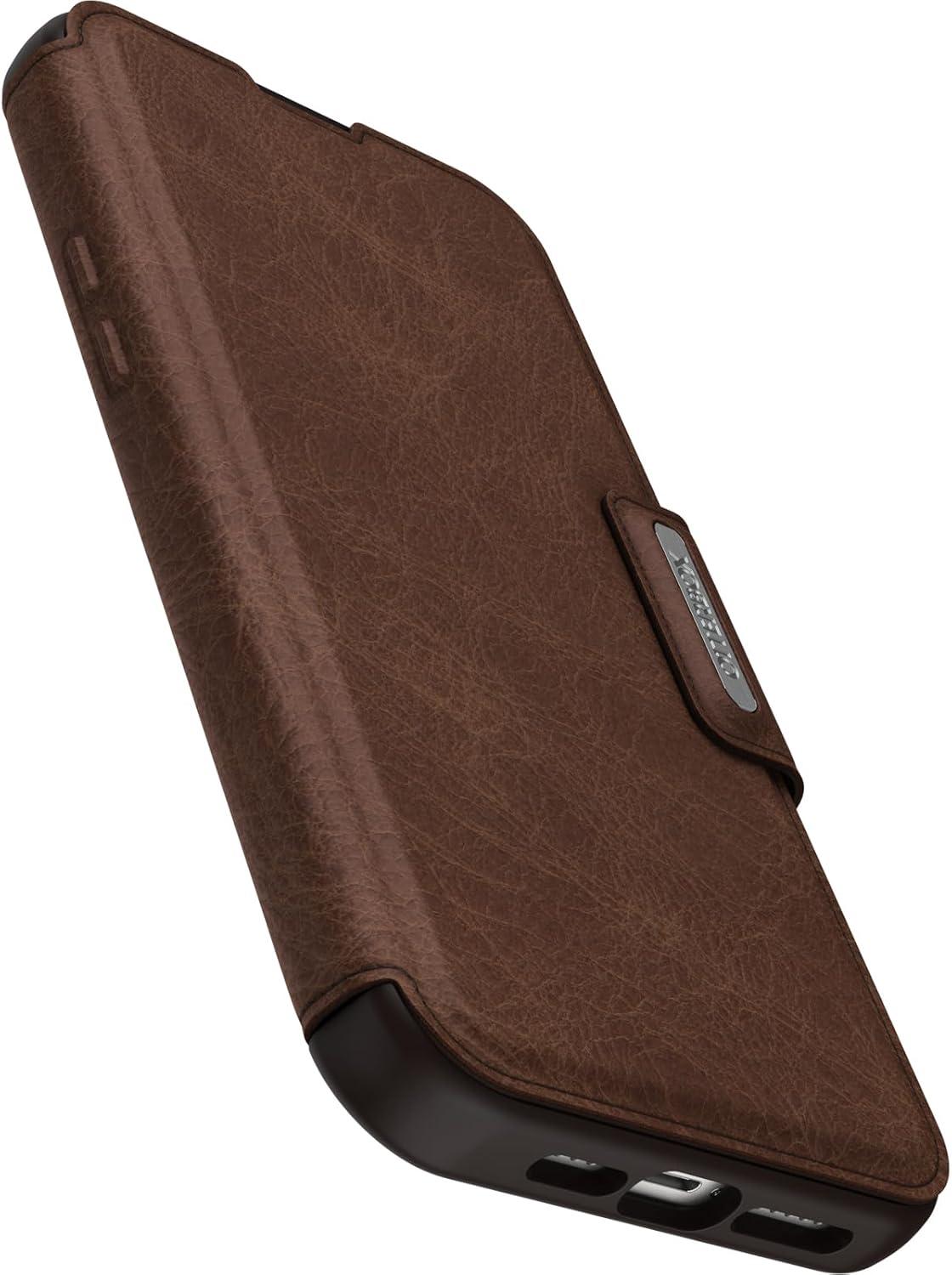 imageOtterBox iPhone 15 Pro MAX Only Strada Folio Series Case Espresso Brown Card Holder Snaps to MagSafe Genuine Leather PocketFriendly Folio case