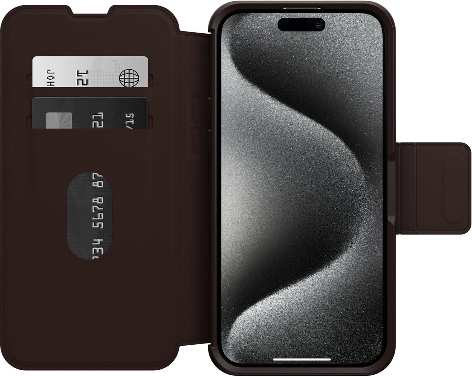 imageOtterBox iPhone 15 Pro MAX Only Strada Folio Series Case Espresso Brown Card Holder Snaps to MagSafe Genuine Leather PocketFriendly Folio case