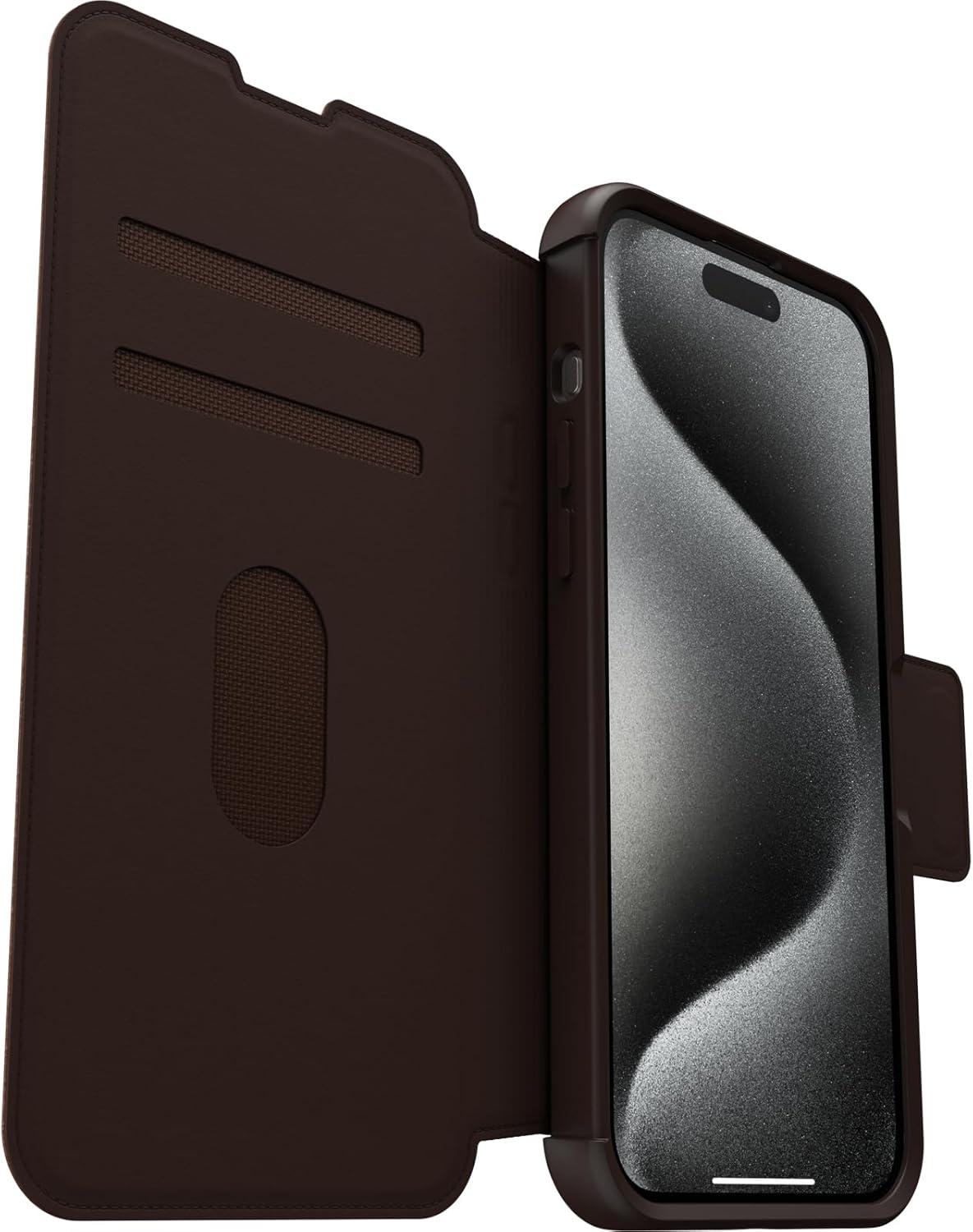 imageOtterBox iPhone 15 Pro MAX Only Strada Folio Series Case Espresso Brown Card Holder Snaps to MagSafe Genuine Leather PocketFriendly Folio case