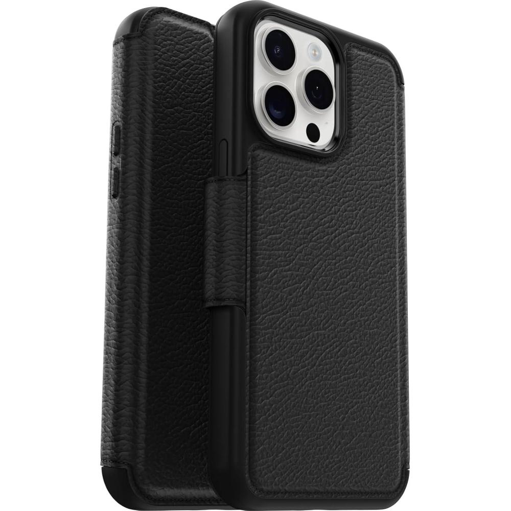 imageOtterBox iPhone 15 Pro MAX Only Strada Folio Series Case Shadow Black Card Holder Snaps to MagSafe Genuine Leather PocketFriendly Folio case