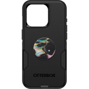 OtterBox Bundle iPhone 15 Pro (Only) Commuter Series Case – (Black) + PopSockets PopGrip (Electric Oil Slick), Slim & Tough, Pocket-Friendly, with Port Protection, PopGrip Included