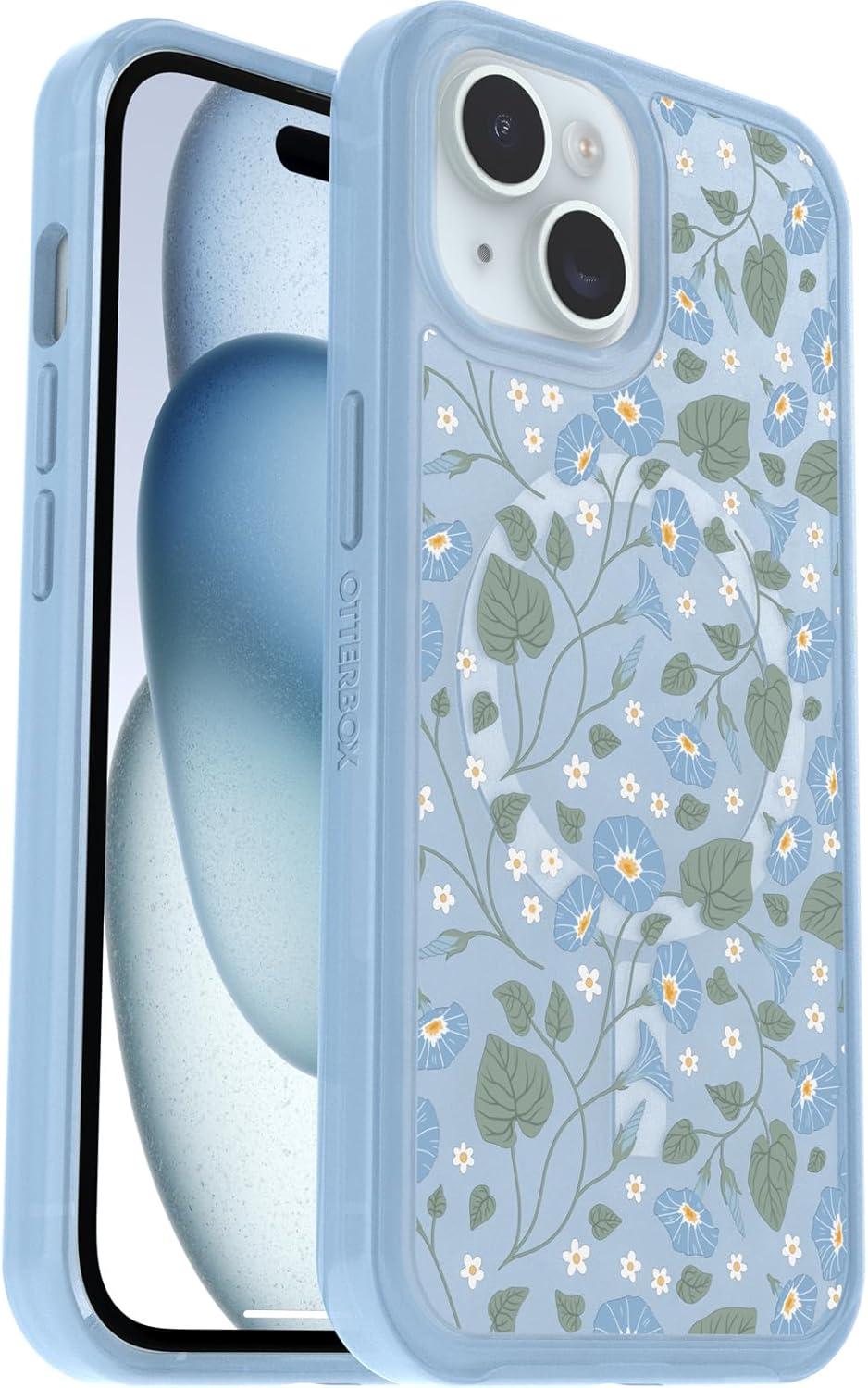 imageOtterBox iPhone 15 iPhone 14 and iPhone 13 Symmetry Series Clear Case Dawn Floral Blue Snaps to MagSafe UltraSleek Raised Edges Protect Camera ampamp Screen
