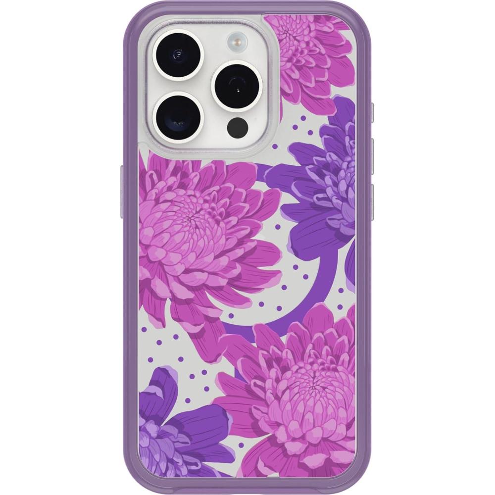 imageOtterBox iPhone 15 Pro Only Symmetry Series Clear Case  PAPERCUT FLOWERS Purple snaps to MagSafe ultrasleek raised edges protect camera ampamp screen
