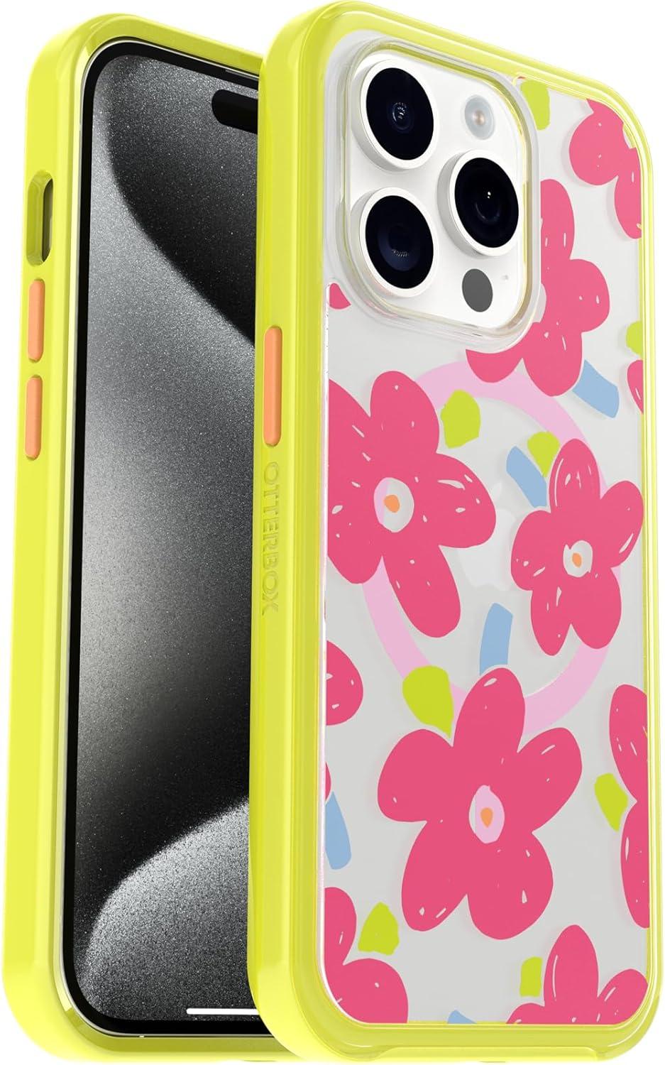 imageOtterBox iPhone 15 Pro Only Symmetry Series Clear Case WHIMSY BLOOM Yellow snaps to MagSafe ultrasleek raised edges protect camera amp screen