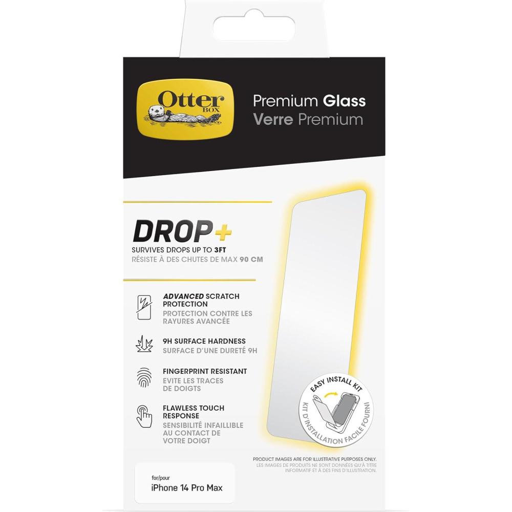 imageOtterBox iPhone 14 Pro Max Premium Glass antimicrobial antiscratch protection shatter Resistant crystal clarity ships in polybag